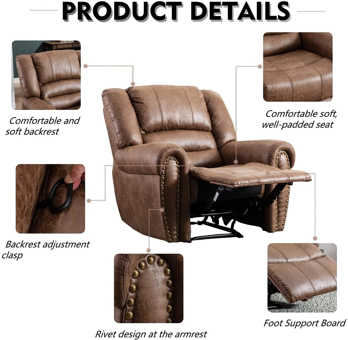 Bonzy Home Widen Leather Recliner Chair with Comfortable Arms and Back Single Sofa for Living Room, Nut Brown