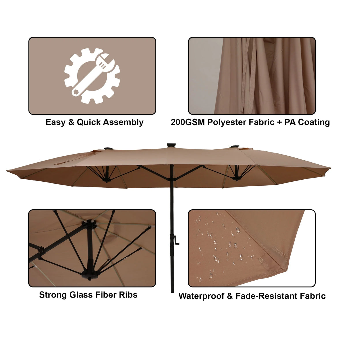 Mondawe 15ft Patio Umbrella, Large Double-Sided Solar LED Outdoor Umbrella with Fiberglass Ribs and Base for Deck Pool, Navy Blue