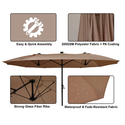 Mondawe 15ft Patio Umbrella, Large Double-Sided Solar LED Outdoor Umbrella with Fiberglass Ribs and Base for Deck Pool, Navy Blue