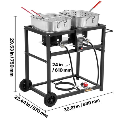 KFFKFF Outdoor Propane Deep Fryer, Dual-Tank 18QT x 2 Commercial Fryer, Portable Frying Cart with Wheels, 3 Baskets, 2 Thermometers, Stainless Steel Cooker for Fish, Wings, and Fries, 40,000 BTU