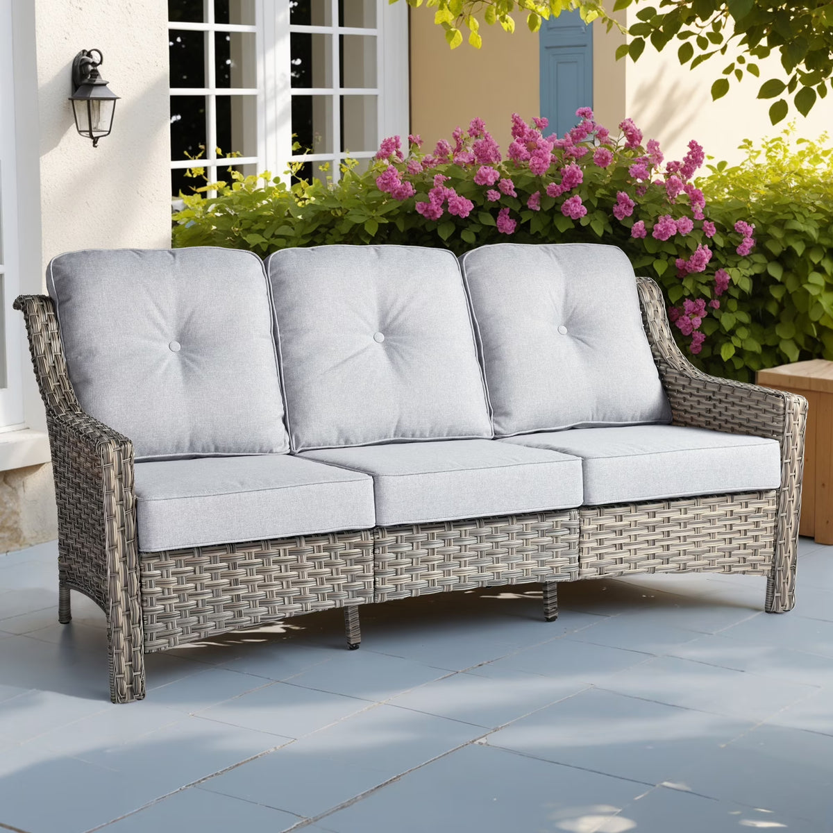 Ovios Outdoor Patio Sofa 3-Seater with Cushions All-Weather Wicker Rattan Couch for Garden, Porch, or Backyard