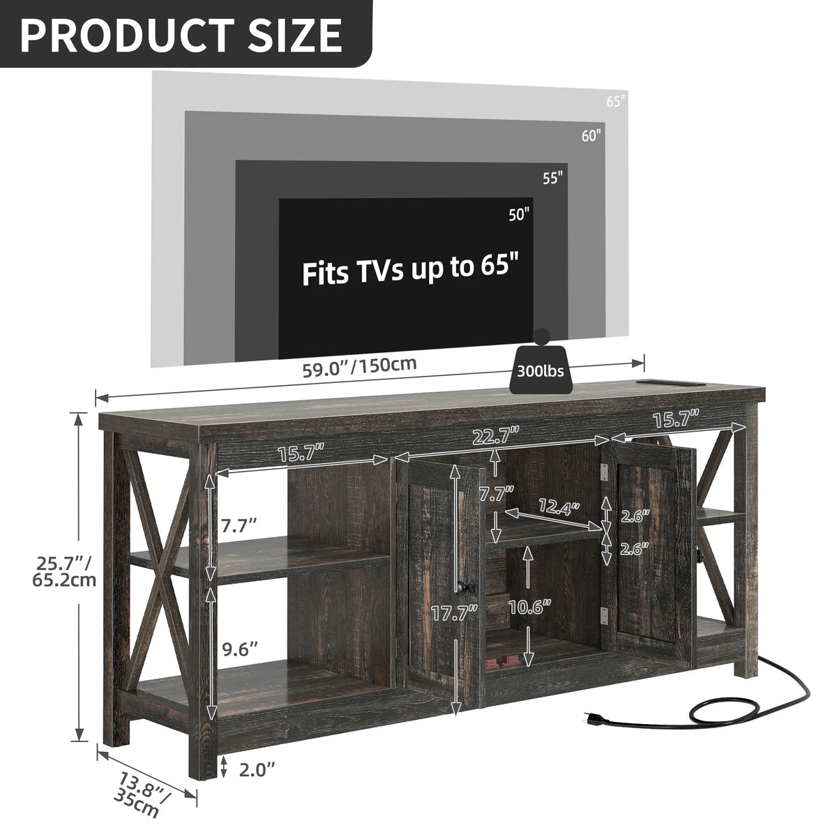 Dextrus White TV Stand up to 65 Inches w/Power Outlets, Farmhouse Entertainment Center Cabinet with Storage for Living Room