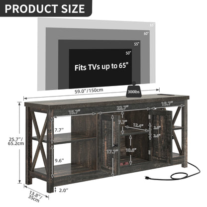 Dextrus White TV Stand up to 65 Inches w/Power Outlets, Farmhouse Entertainment Center Cabinet with Storage for Living Room