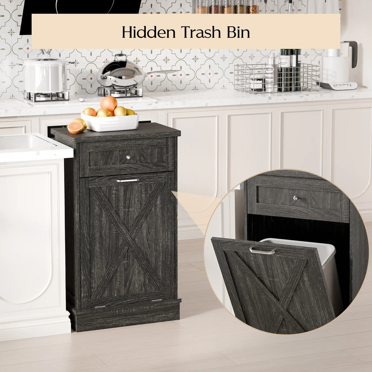 Tolead Double Tilt Out Trash Cabinet, Wooden Free Standing Laundry Sorter Cabinet, with Hideaway Drawer, White