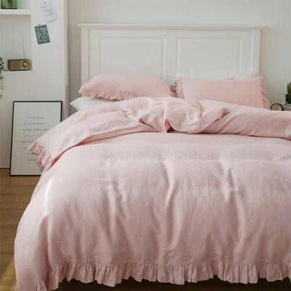 Simple&Opulence 100% Washed Linen Duvet Cover Set-3 Pieces Shabby Chic Premium Ruffled Bedding with 1 Comforter Cover and 2 Pillowshams France Flax High End Frill Sets Vintage Style(King, White)