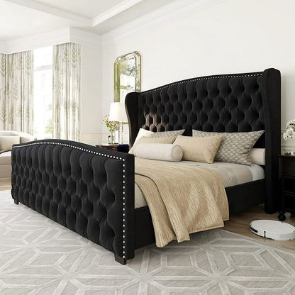 VANACC Queen Size Bed Frame, Velvet Upholstered Bed with Deep Button Tufted Wingback Headboard��Grey