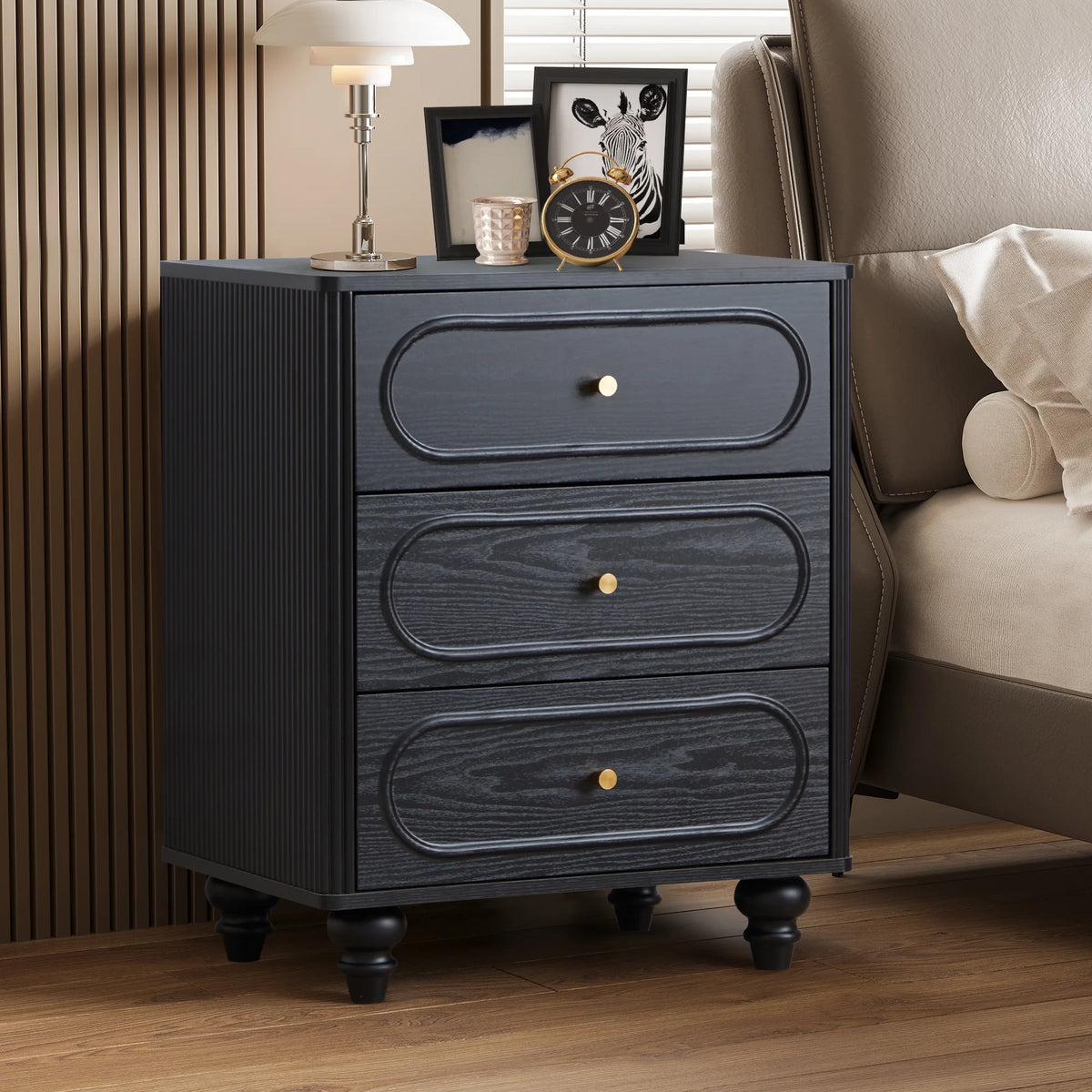 YOCWO 3 Drawer Nightstand, Classic Chest of Drawers with Arc Edge, Walnut