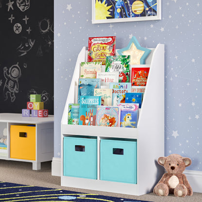 RiverRidge Kid Bookshelf Toy Storage Organizer with 4 Bookracks 2 Cubbies and 2 Gray Bins