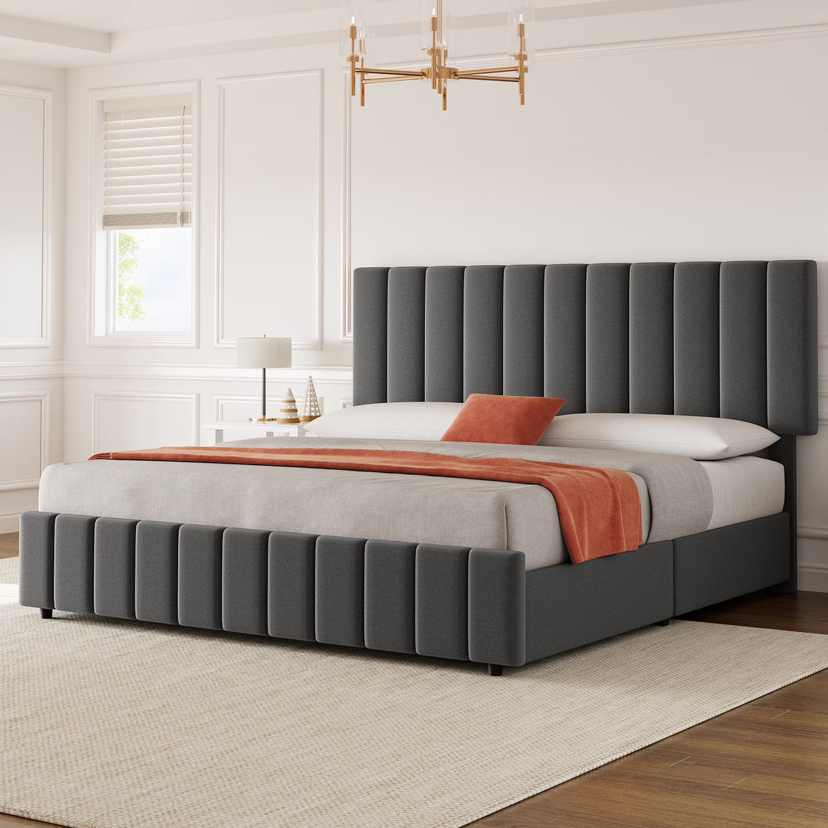 Full Size Bed Frame with 4 Storage Drawers and Adjustable Headboard, Linen Upholstered Platform Bed Frame with Wooden Slats Support, No Box Spring Needed, Dark Grey