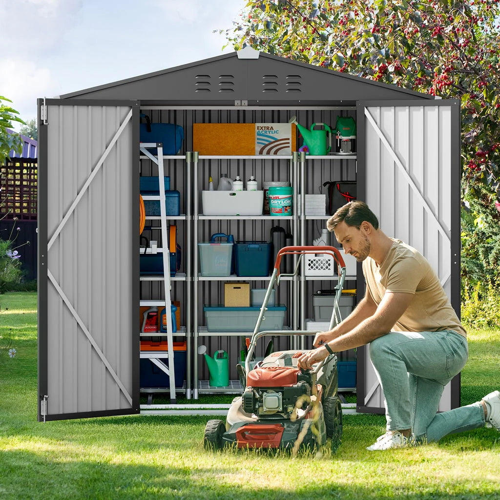 Aiho 6 x 4 FT Outdoor Storage Shed on Clearance with Metal Base  Frame and Double Lockable Doors for Garden, Patio- Grey