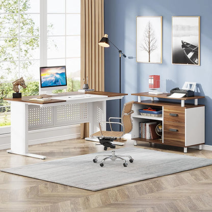 Tribesigns 63 Inch Executive Desk with File Cabinet, Large Office Desk L Shaped Computer Desk with Drawers and Storage Shelves, Business Furniture Desk Workstation for Home Office, Brown and Black