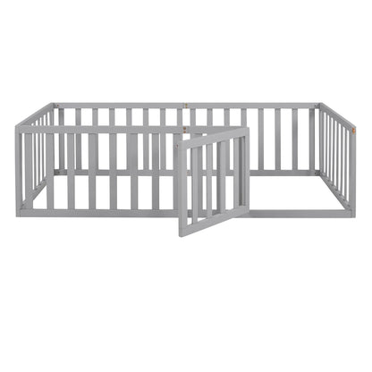 Wood Floor Bed with Fence and Door for Kids, Twin, Gray
