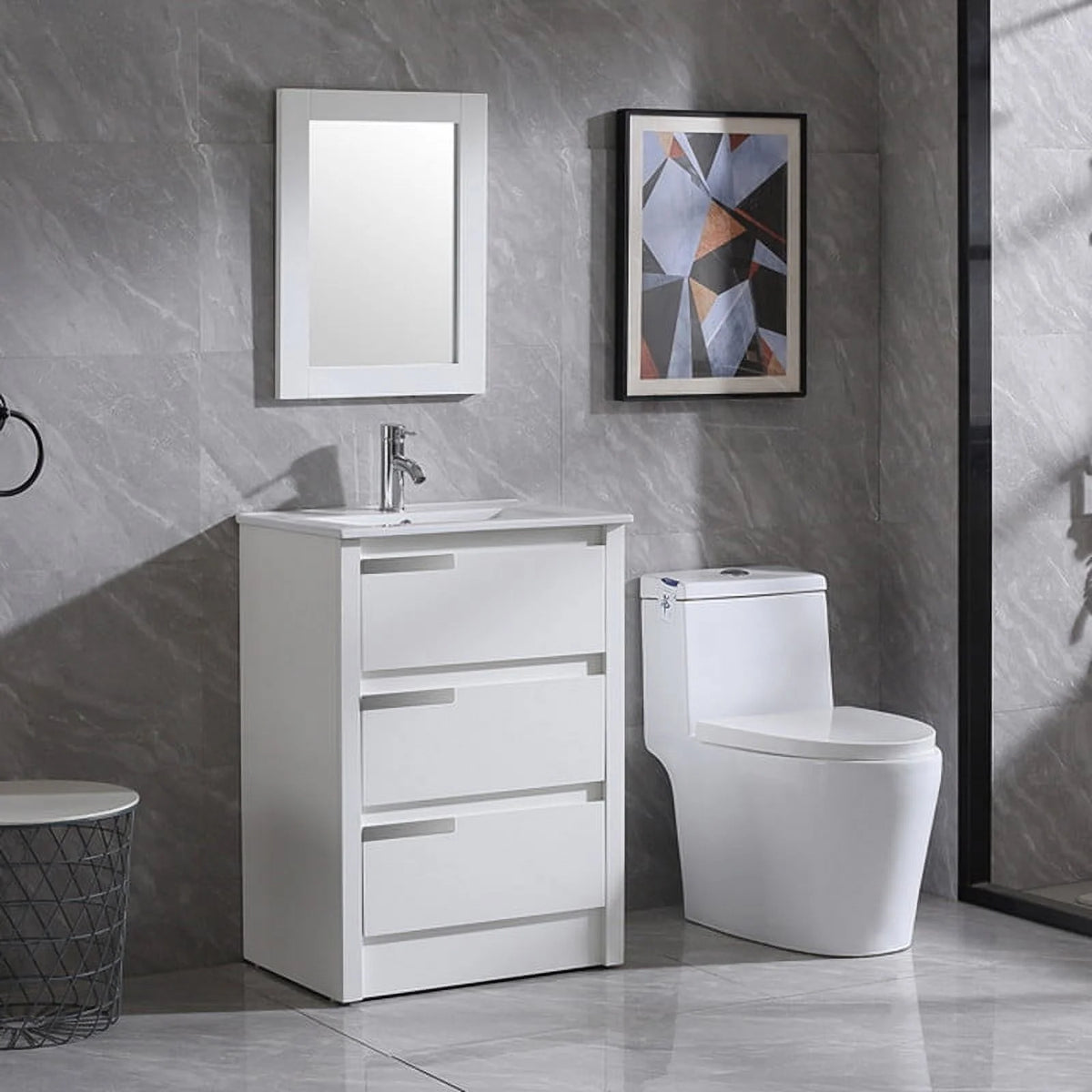 Walsport 24" Luxurious Bathroom Vanity with Ceramic Sink and Countertop and Mirror and Faucet,Double Door Stand Floor Cabinet Bathroom Storage Vanity with Pop Up Drain,White