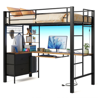 Lofka Twin Loft Bed with L-Shaped Desk, RGB Lights & Charging Station, 400lb Capacity Metal Frame, 3 Shelves & 2 Drawers, Easy Assembly��White