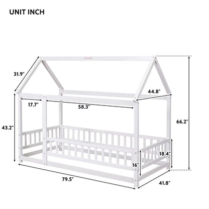 Twin Size House Bed for Boys and Girl, Wooden Canopy Bed Tent Bed, Playhouse Design Bed Frame with Full-lenth Guardrail, Bedroom Furniture, 79.5��L x 44.8��W x 66.2��H, White