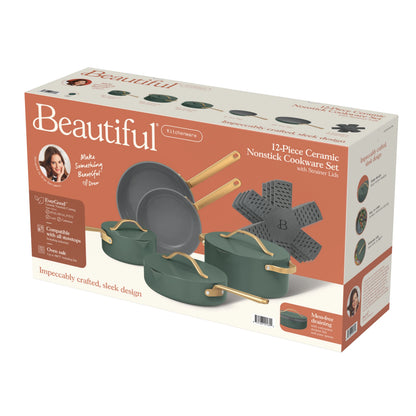 Beautiful 12pc Ceramic Non-Stick Cookware Set with Strainer Lids, White Icing by Drew Barrymore