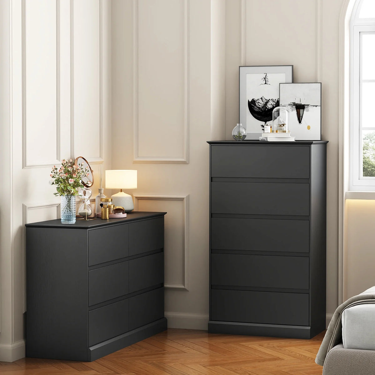 2 PCS  Dresser for Bedroom, 5 Drawer Dresser Black Chest of Drawers for Living Room Dressing Room Entryway -2PCS