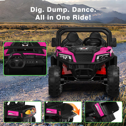 Mega Motion 24V Kids Electric Ride-On UTV Truck with 4WD, Dump Bed, 2 Seats, LED Lights, Music, Remote Control, Shovel, for Boys & Girls