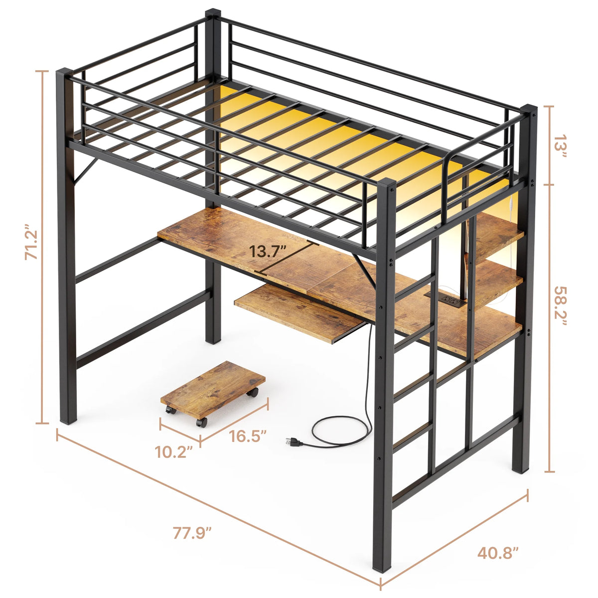 Lofka Twin Loft Bed with L-Shaped Desk, RGB Lights & Charging Station, 400lb Capacity Metal Frame, 3 Shelves & 2 Drawers, Easy Assembly��White