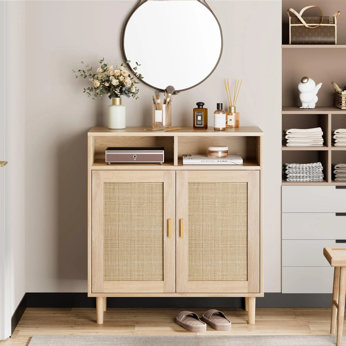 NEILA Rattan Cabinet with 2 Doors and Shelf, Modern Accent Furniture, 1 Piece