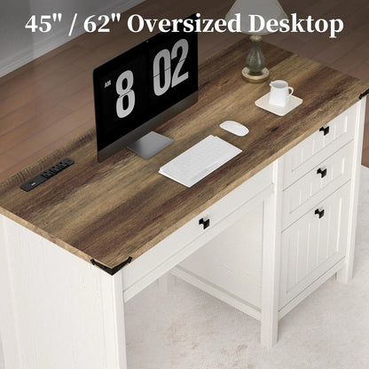 FIAKOA 45"Executive Desk, Modern Farmhouse Computer Desk with Drawers & Cabinet, White Home Office Desk Writing Workspace for Work Study