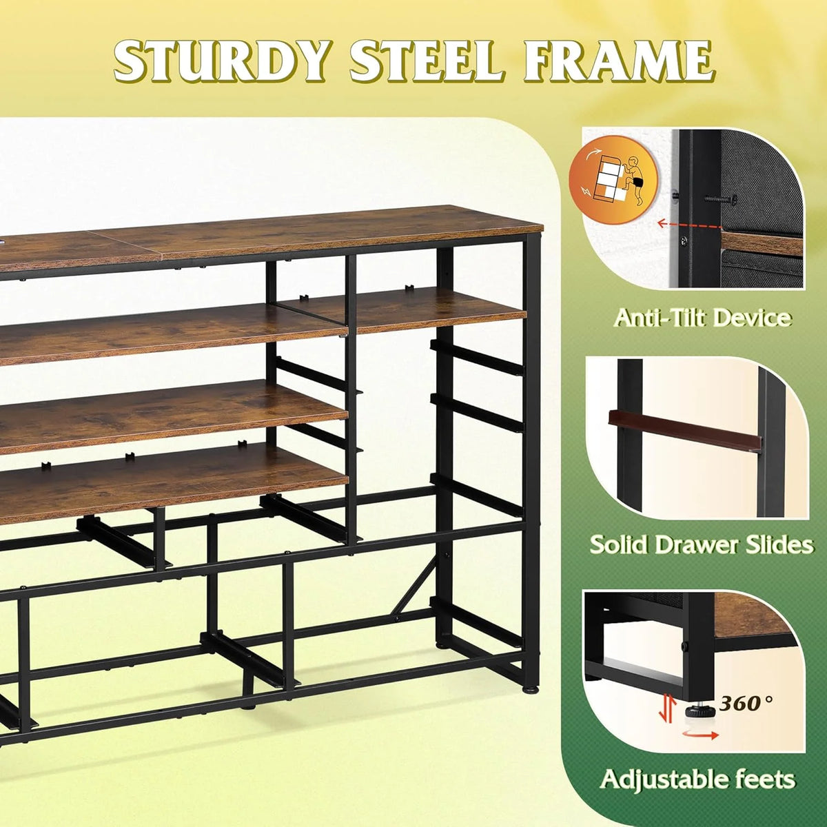 Black TV Stand for 55, 60, 65 inch TV, Entertainment Center with LED Lights & Charging Station, TV Media Console Table with 15 Fabric Drawers and Open Shelves for Living Room, Hallway, Wood Topm