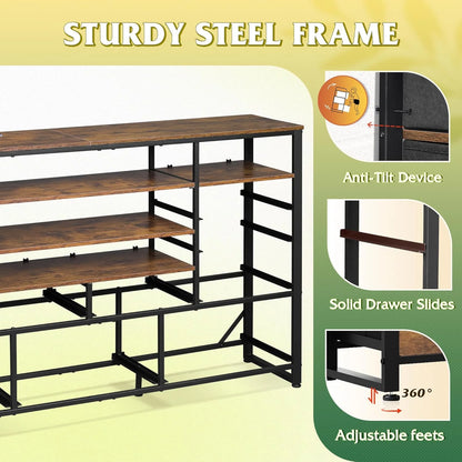 Black TV Stand for 55, 60, 65 inch TV, Entertainment Center with LED Lights & Charging Station, TV Media Console Table with 15 Fabric Drawers and Open Shelves for Living Room, Hallway, Wood Topm