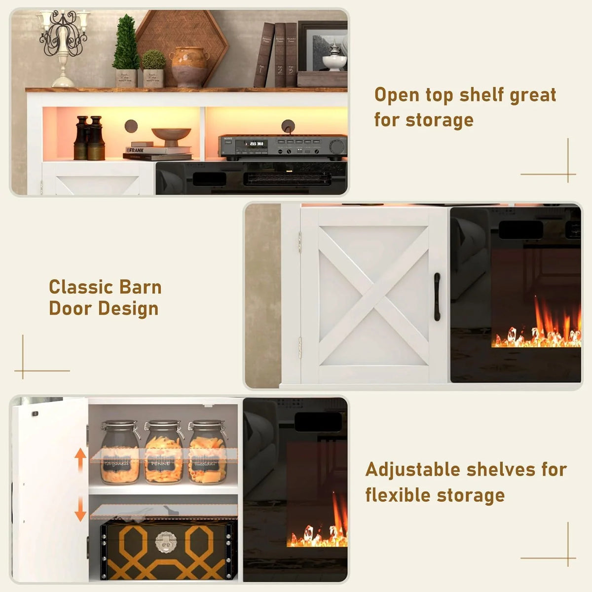 ChVans 70" Fireplace TV Stand for TVs up to 80" with 36" Electric Fireplace, Farmhouse Entertainment Center with LED, Wooden Media Console for Living Room, Bedroom
