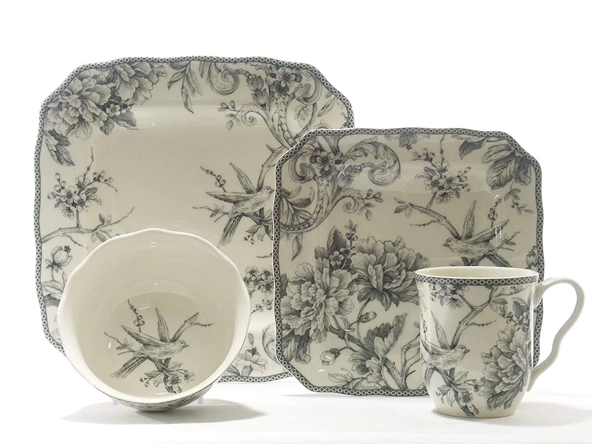 222 Fifth Adelaide Round 16-Piece Porcelain Dinnerware Set, Black Toile
