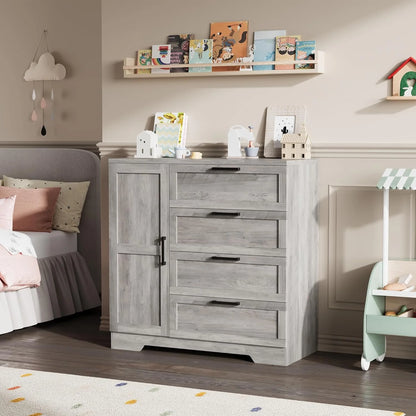 43.3" H Armoire Wardrobe Closet with 4 Drawers & Hanging Rod, Multifunctional Wood Storage Cabinet for Bedroom, Natural Oak