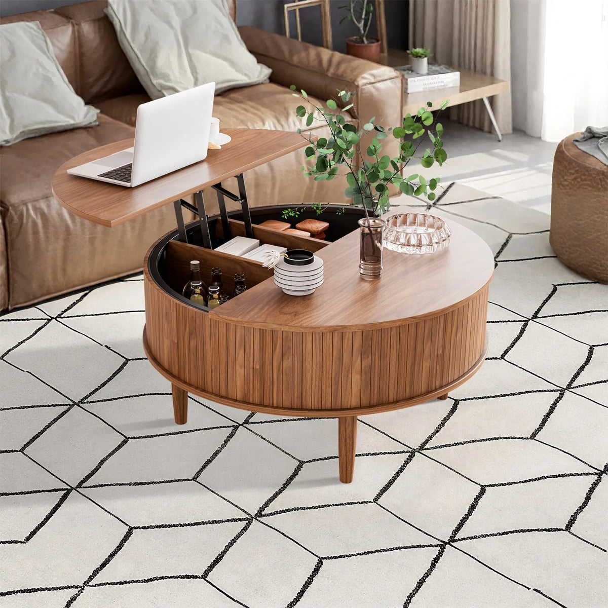 Oubayajia Round Coffee Table, Small Fluted Lift Top Center Table for Home Living Room Office, Walnut