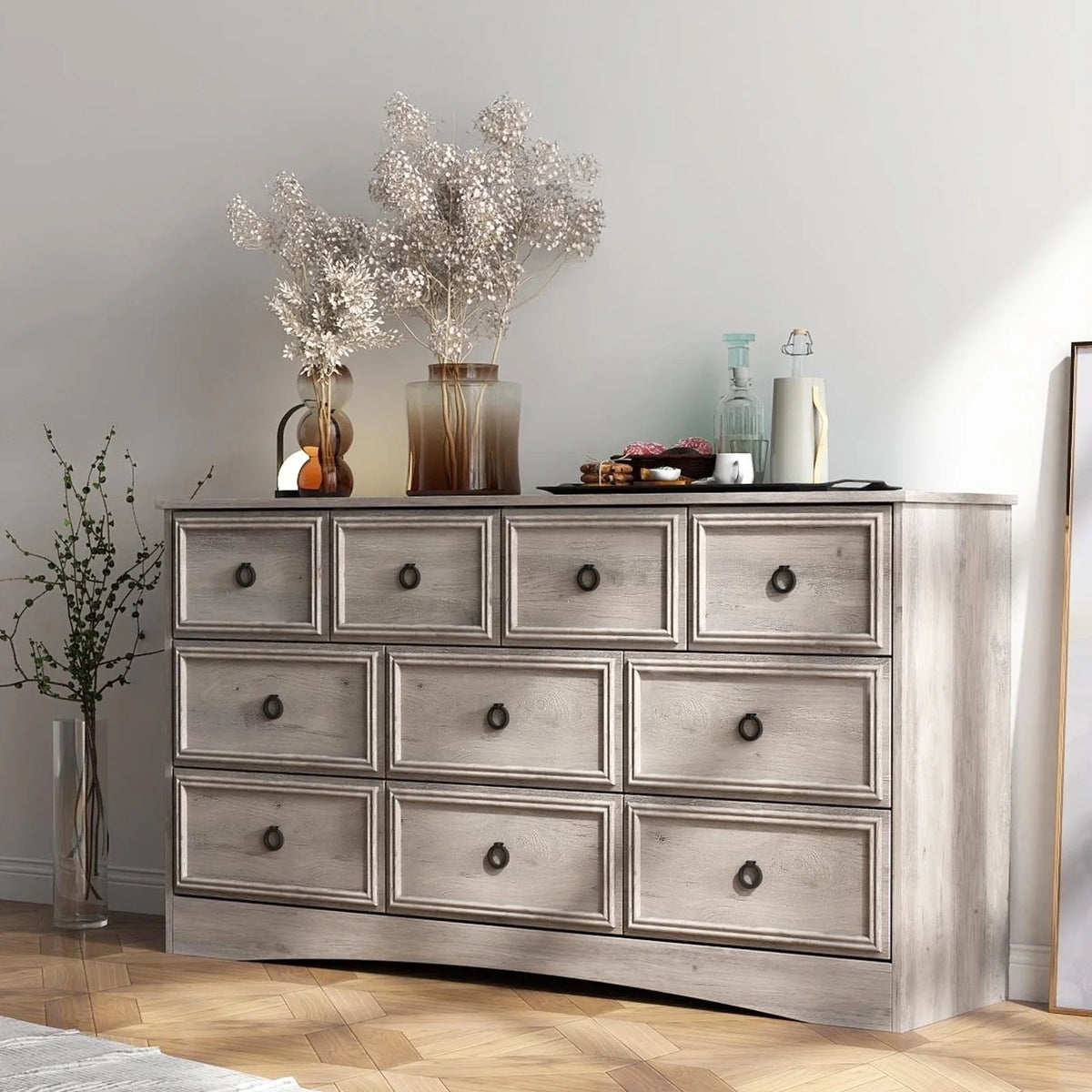 HUJAUU Dresser TV Stand with 10 Drawers Dresser for Bedroom, Wood Chest of Drawers Storage Organizer for Living Room, Hallway, Gray