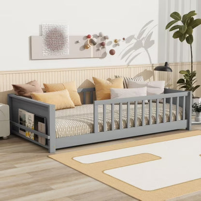 Bellemave Twin Size Floor Bed with Fence, Montessori Floor Twin Bed with Built-in Book Rack, Solid Wood Twin Bed with Slats and Safety Guardrails, Natural