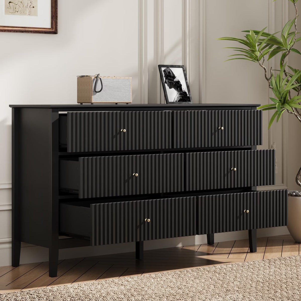 Heynemo Beige 6 Drawer Dresser, Fluted Modern Wood Chest