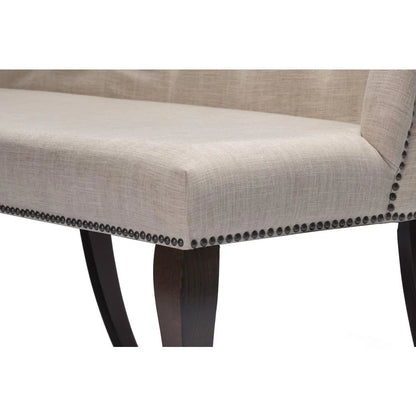 Cappuccino Wood Dining Bench Upholstered with Beige Linen Fabric