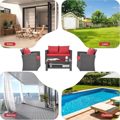 HighSound 4 Piece Patio Furniture Set, Outdoor Wicker Patio Sectional Sofa, All Weather PE Rattan Outdoor Sectional with Cushions & Coffee Table, Dark Gray