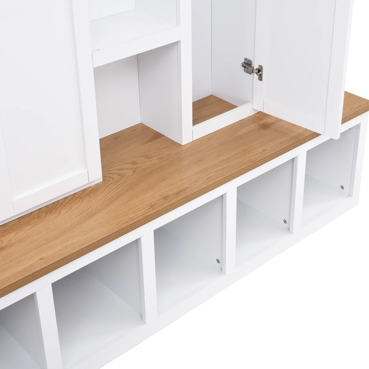 63" Farmhouse Hall Tree with Bench and Shoe Storage, 4-in-1 Entryway Bench with 4 Storage Cabinets, 5 Shoe Cabinets and 6 Hanging Hooks, Black