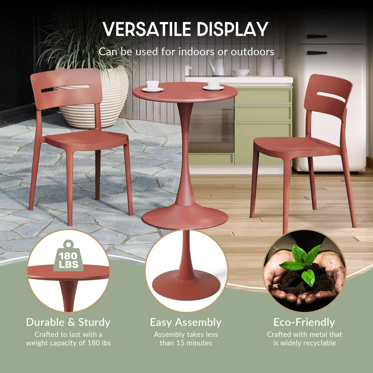 WestinTrends Playa 3-Piece Outdoor Round Metal Dining Table Set And Stackable Resin Patio Dining Side Chairs, Olive Green