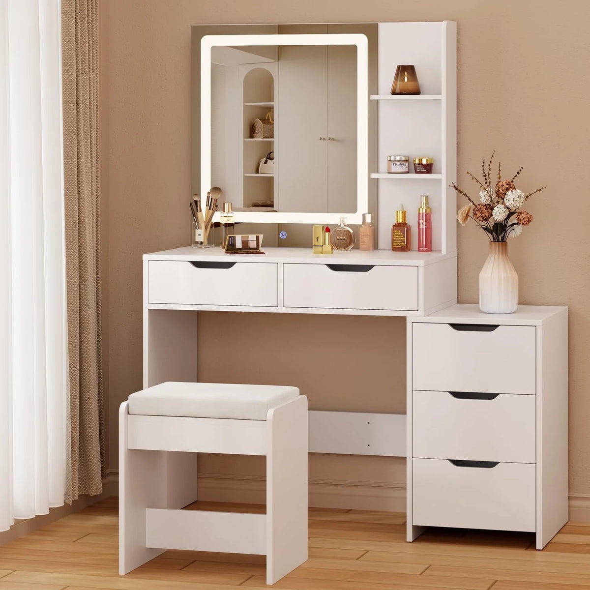 Makeup Vanity Desk with Mirror and Lights, 43.5�� Vanity Table with 5 Drawers & Storage Shelves, White