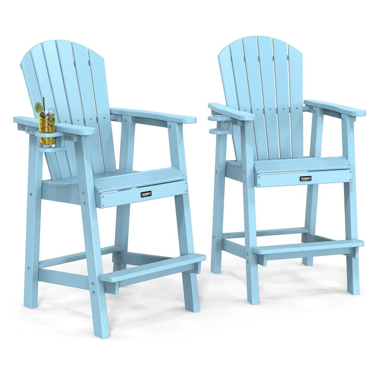 UBesGoo Tall Adirondack Chairs,HDPE All Weather Poly Lumber with Cup Holder,Outdoor Bar Stools with Wide Armrest for Outdoor Deck Lawn Pool Backyard,Lake Blue