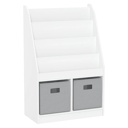 RiverRidge Kid Bookshelf Toy Storage Organizer with 4 Bookracks 2 Cubbies and 2 Gray Bins