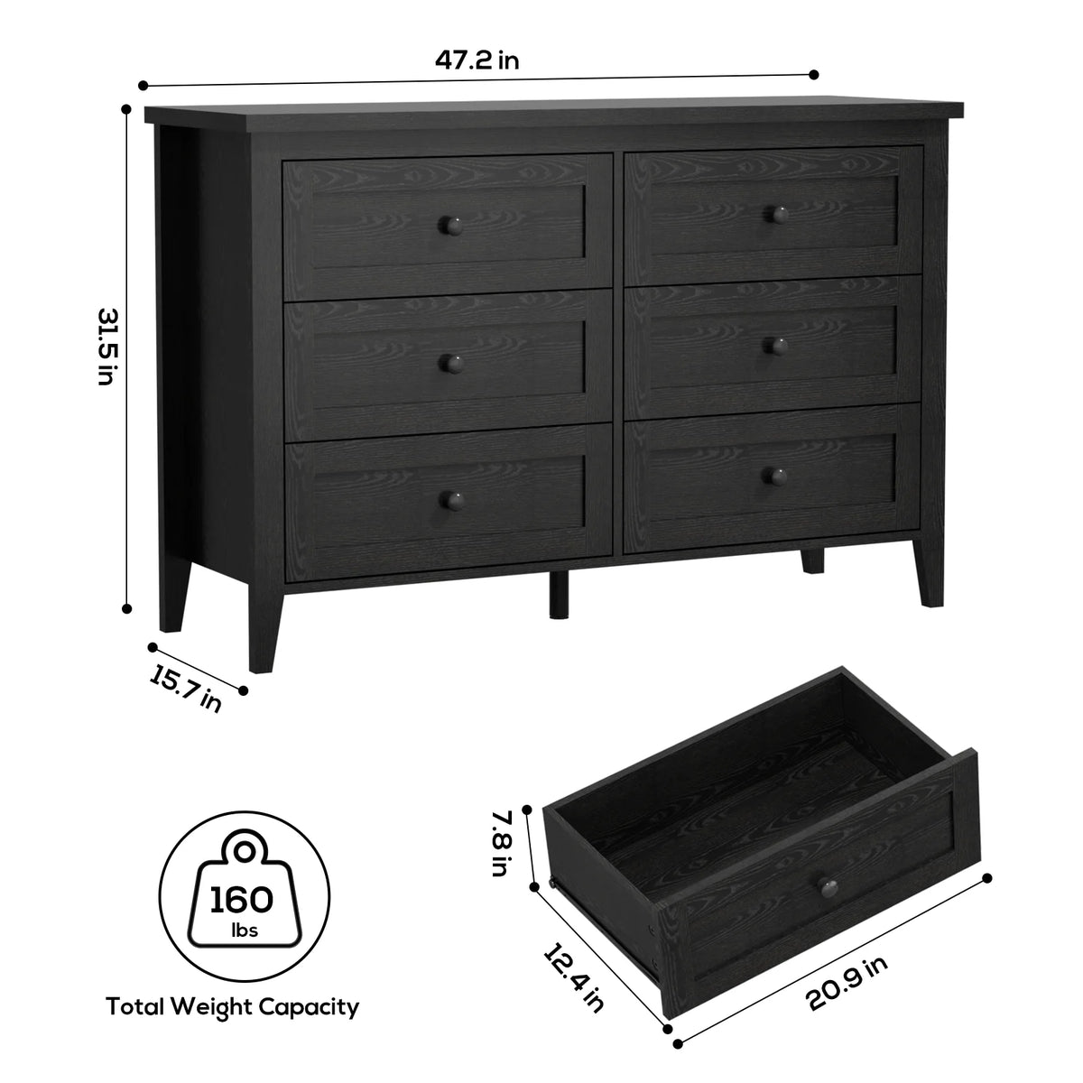 RichYa 6 Drawer Dresser for Bedroom,Chest of Drawers with Metal Knobs,Dresser for Closet,White