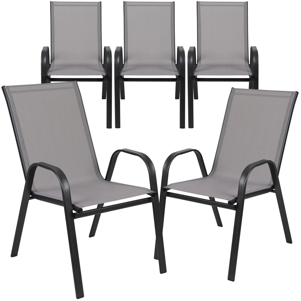 BizChair 5 Pack Black Outdoor Stack Chair with Flex Comfort Material and Metal Frame