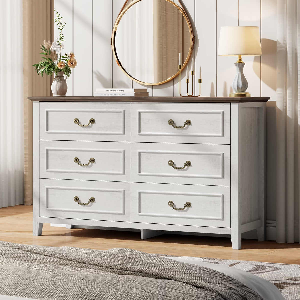 GIKPAL White Dresser for Bedroom, 6 Drawers Wood Dresser with Antique Handles, Farmhouse Rustic Chest of Drawers for Bedroom, Living Room, Entryway & Hallway
