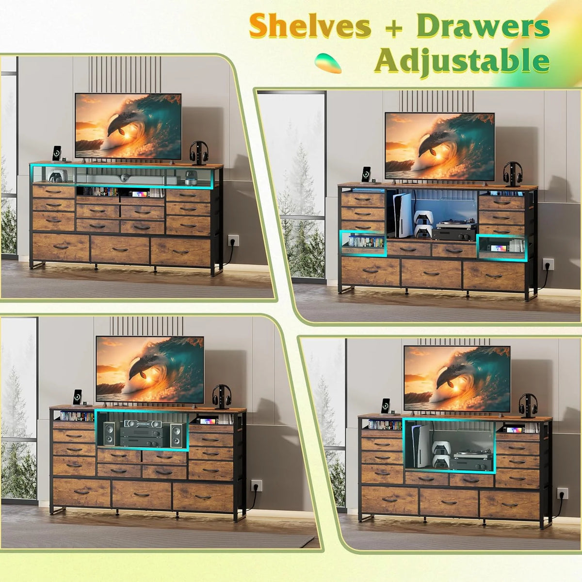 Black TV Stand for 55, 60, 65 inch TV, Entertainment Center with LED Lights & Charging Station, TV Media Console Table with 15 Fabric Drawers and Open Shelves for Living Room, Hallway, Wood Topm