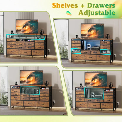 Black TV Stand for 55, 60, 65 inch TV, Entertainment Center with LED Lights & Charging Station, TV Media Console Table with 15 Fabric Drawers and Open Shelves for Living Room, Hallway, Wood Topm