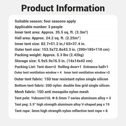 Naturehike, Ultralight Hiking Tent, Tear-resistant Tunnel Tent, Waterproof Camping Tent, Windproof Tent with Hall, 15D Lightweight Silicone-coated Nylon Fabrics,Large size for 2/3 Person.