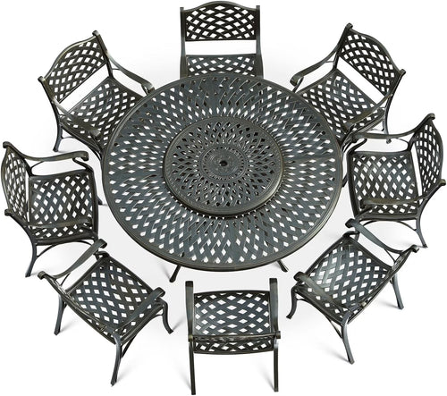VIVIJASON 9-Piece Patio Dining Set, Rust-Free Cast Aluminum Outdoor Furniture Set, 8 Patio Dining Chairs and 61" Round Dining Table with 31" Lazy Susan, Umbrella Hole for Backyard, Patio, Garden