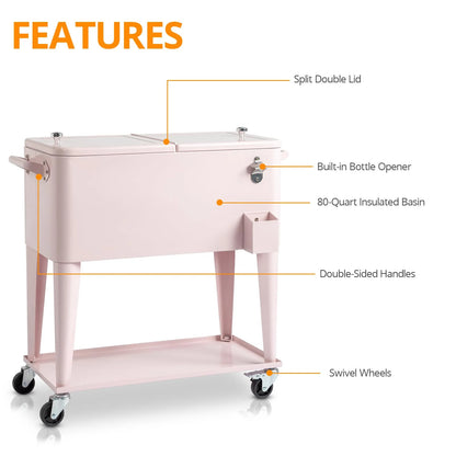 BNSPLY 80 Quart Outdoor Cooler Cart Rolling Ice Chest Cooler Cart, Portable Patio Cooler with Bottle Opener, Handles and Drainage, Standing Cooler for Patio Party, Camping and BBQ, Mint Green