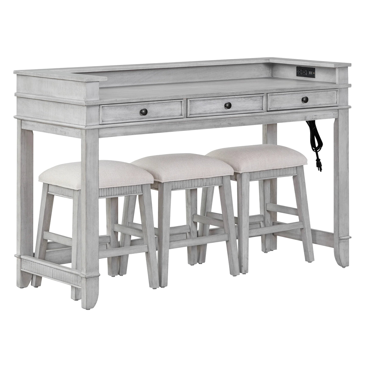 Harper & Bright Designs 4 Piece Bar Table Set for 4, Kitchen Dining Stools Set with 3 Upholstered Stools with 3 Drawers and USB Port, Gray